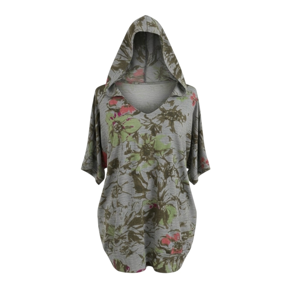 Christopher & Banks Grey Artsy Floral Short Sleeve Hoodie Top Active Hiking XL